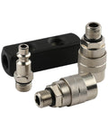 Two Way Straight Air Manifold Splitter With Dual One Quarter Inch Quick Connect Couplers And One Quarter Inch NPT Male Plug Aluminum Body Air Compressor Hose Splitter For Easy Quick Hookup And Reliable Air Flow
