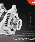 Close-up of Premium Replacement Alternator Compatible With Dodge Ram 1500 Durango Dakota Mitsubishi Raider 3.7L 4.7L 12V 136A 6-Groove CW Pulley Replace 421000-0591 421000-0430 showing aluminum alloy and pulley.