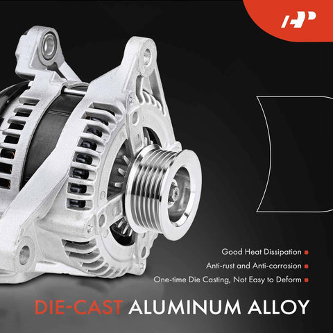 Close-up of Premium Replacement Alternator Compatible With Dodge Ram 1500 Durango Dakota Mitsubishi Raider 3.7L 4.7L 12V 136A 6-Groove CW Pulley Replace 421000-0591 421000-0430 showing aluminum alloy and pulley.