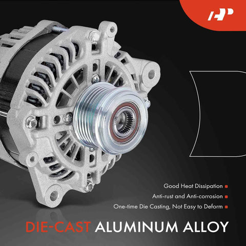 Close-up of die-cast aluminum alloy alternator for Subaru Forester 2014-2018, featuring six-groove pulley and clockwise rotation.