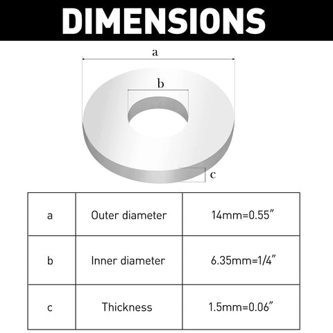 Diagram showing dimensions of Aluminum Back Up Rivet Washers For 1/4 Inch POP Rivets 310 Pieces with outer diameter, inner diameter, and thickness.