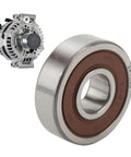 Beefy Heavy Duty 6303 2RS Ball Bearing With Aluminum Alloy Construction for automotive generators shown next to an alternator