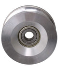 Front view of 60mm Diameter 25mm High Passive Round Guide Pulley Wheel made of aluminum and bearing steel with 10mm groove radius.