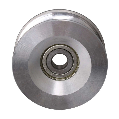 Front view of 60mm Diameter 25mm High Passive Round Guide Pulley Wheel made of aluminum and bearing steel with 10mm groove radius.