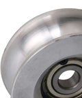 Close-up of a 60mm Diameter 25mm High Passive Round Guide Pulley Wheel made of Aluminum and Bearing Steel with 10mm Groove Radius.