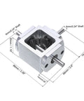 Bevel Gearbox 90 Degree 1to1 With Dual 6mm Output Shafts Aluminum DIY Frame, side view with detailed measurements visible.