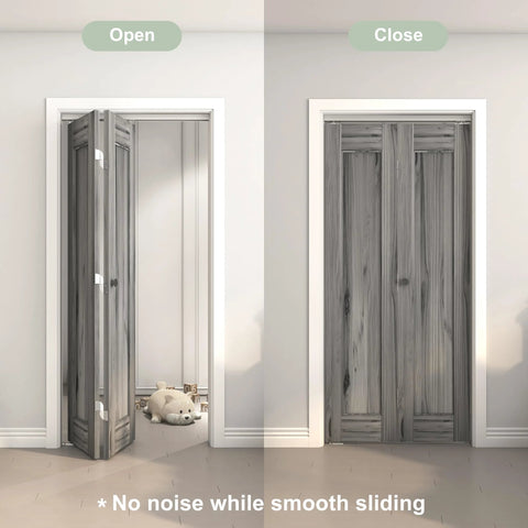 36 Inch Bifold Door Hardware Kit For Two Doors In Aluminum Top Mounted Sliding Barn Door System, shown installed in a room.