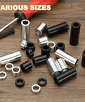 Assorted unthreaded round standoff bushings, featuring Six Piece Aluminum Spacers Set With Quarter Inch Inner Diameter And Half Inch Outer Diameter Three Quarter Inch Length Unthreaded Round Standoff Bushings For Quarter Inch Screws And Bolts Black Patikil, in various sizes, on a wooden surface with a screwdriver.