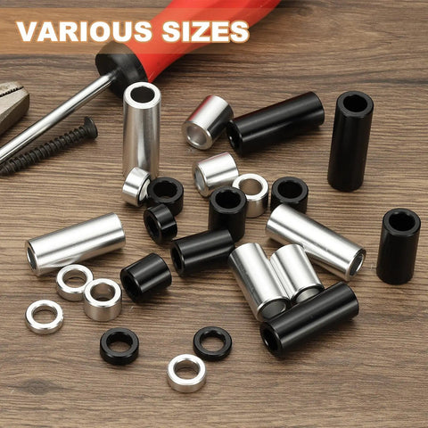 Built To Last Aluminum Spacers 12 Pack Five Sixteenth Inch By One Half Inch By One Quarter Inch ID Standoff Unthreaded Round For Five Sixteenth Inch Bolts Silver Durable Corrosion Resistant Hardware For DIY Projects Robotics Automotive Metalwork displayed on wooden surface