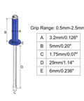 Aluminum Blind Rivets Set 3.2mm By 5mm Open End Flat Round Head Blue 200 Pcs dimensions illustration with size chart.