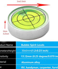 Compact 1.2 inch bullseye bubble level with aluminum alloy housing, measures 1.2 inches, shown on a background with dimensions and features.