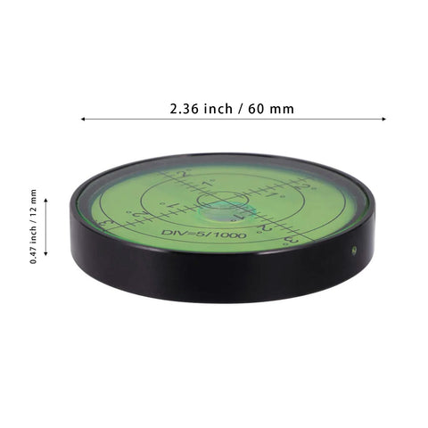 Durable aluminum high precision horizontal leveler with a 60mm circular vial, 12mm thick housing, 0.32 in per degree tilt sensitivity