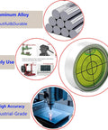 Graphic showing compact 1.2 inch bullseye bubble level with aluminum alloy housing and description of benefits like high accuracy and wide use.
