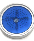 Precision Aluminum Round Bullseye Spirit Level Tool, 74mm Diameter, blue circular level, aluminum case, front view