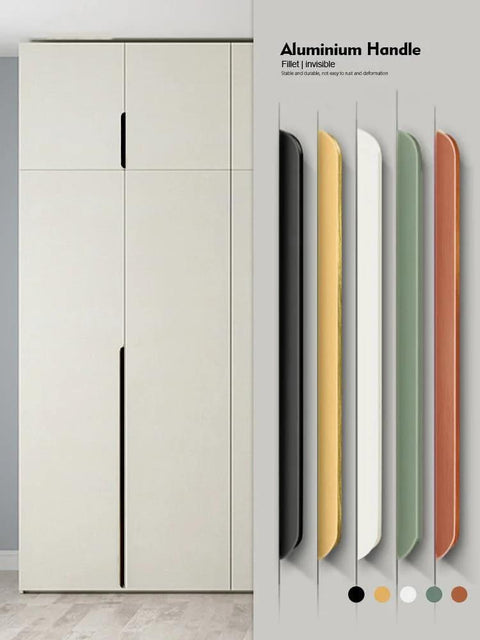 Side view of black aluminum finger pulls on white cabinet with assorted colored handles, product details for Four Pack Finger Pulls.
