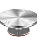 Aluminum Alloy Revolving Cake Stand 12 Inch Rotating Turntable, side view showing smooth aluminum surface and stable base.