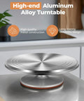 Aluminum Alloy Revolving Cake Stand 12 Inch Rotating Turntable displayed on a countertop, highlighting its metal construction and durability.