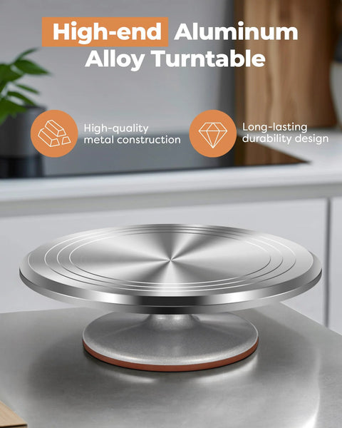 Aluminum Alloy Revolving Cake Stand 12 Inch Rotating Turntable displayed on a countertop, highlighting its metal construction and durability.