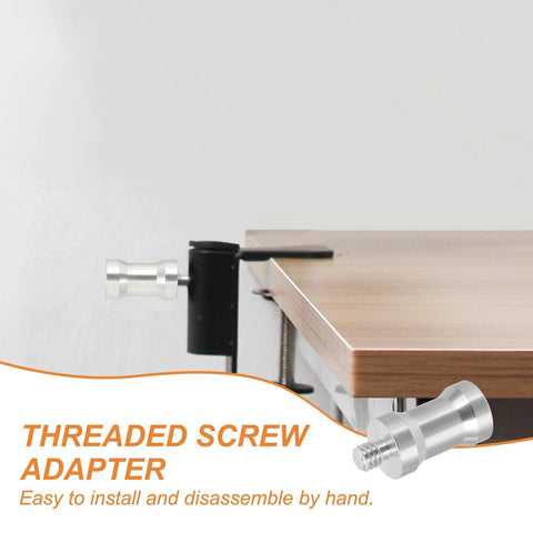 Six Pack 1/4 To 1/4 Camera Spigot Screw Converter Female To Male Adapters Aluminum Alloy shown attached to a table edge
