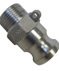 Close-up view of 1 1/4 Inch Aluminum Cam Lock Fitting F125 Male Camlock Coupler to Male NPT Thread for Water and Chemical Transfer
