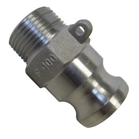 Close-up view of 1 1/4 Inch Aluminum Cam Lock Fitting F125 Male Camlock Coupler to Male NPT Thread for Water and Chemical Transfer