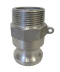 Front view of 1 1/4 Inch Aluminum Cam Lock Fitting F125 Male Camlock Coupler to Male NPT Thread for water and chemical transfer.