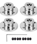 Four metal flange couplers with screws and hex key for utility cart assembly, enhancing durability and stability.