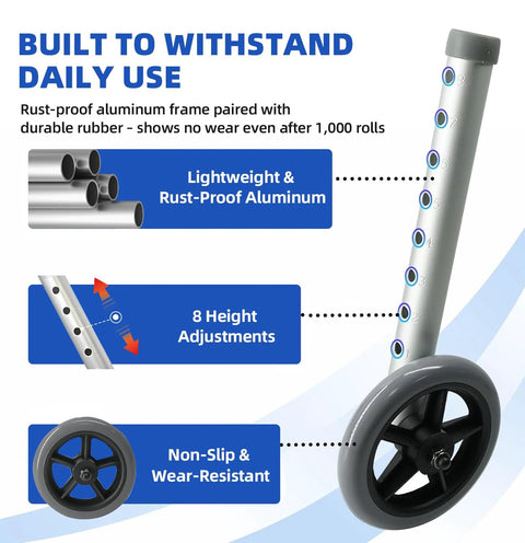 Replacement Heavy Duty Aluminum Caster Wheels For Standard Walker Aids With Non Slip Foot Pads, product features
