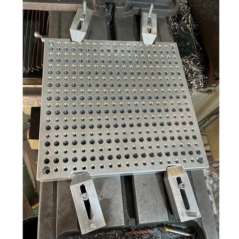 Aluminum Clamp Set Of Four For Fixtures And Hold Downs, CNC Machined 6061 Aluminum, securing a metal plate in a machining setup