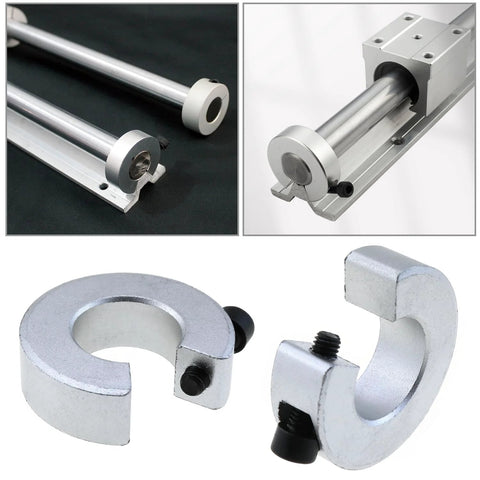 Sturdy Aluminum Collar Kit For SBR20 Linear Guideways includes clamping collar with M5 fixing screws, 20mm bore, 40mm OD, shown in use and detail.