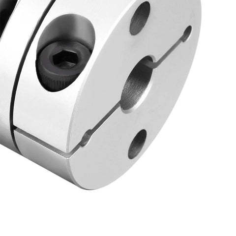 Close-up of Pro Grade Clamp Shaft Diaphragm Coupler 10mm To 14mm For Servo And Stepper Motors with aluminum hubs and screw details.