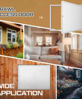 Collage of crawl space access applications with focus on Crawl Space Access Door Universal Aluminum Skirting Access Door Panel for Mobile Home Insulated Wall Ceiling Mounted for Drywall Plumbing Electrical Basement (Knob Latch,24x32 Inch).
