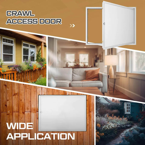 Collage of crawl space access applications with focus on Crawl Space Access Door Universal Aluminum Skirting Access Door Panel for Mobile Home Insulated Wall Ceiling Mounted for Drywall Plumbing Electrical Basement (Knob Latch,24x32 Inch).