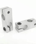 Aluminum Optical Shaft Cross Clamp Bracket 6x6mm Double Hole Connector for parallel and vertical mounts, front and side view