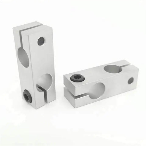 Aluminum Optical Shaft Cross Clamp Bracket 6x6mm Double Hole Connector for parallel and vertical mounts, front and side view