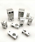 Assorted aluminum vertical pillar cross clamps for optical axis shaft support, visible clamp size 8-32mm, OD 16x20mm, corrosion-resistant.