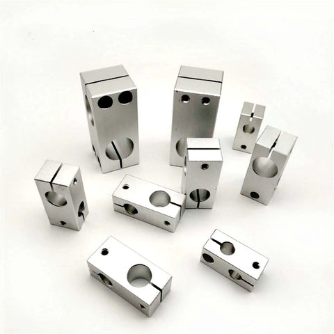 Aluminum Cross Clamp For Vertical Pillar Shaft Support 8 To 32 Millimeter Optical Axis Clamp For CNC Machines displayed at various angles.