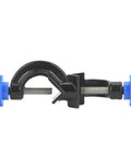 Side view of an aluminum cross clamp with blue knobs, used for laboratory supports. Part of a 2 pack of durable metal clips for lab, school, and home use.