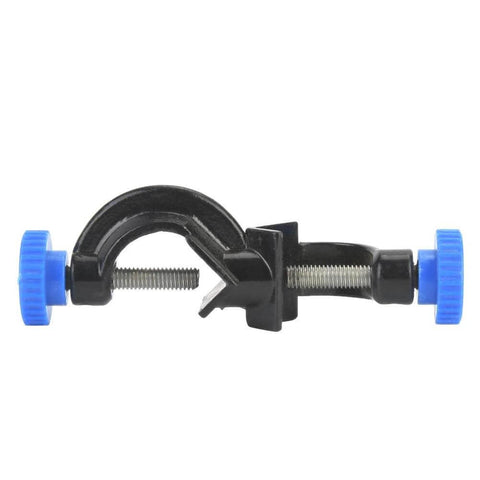 Side view of an aluminum cross clamp with blue knobs, used for laboratory supports. Part of a 2 pack of durable metal clips for lab, school, and home use.
