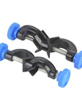 Pair of Aluminum Cross Clamps For Laboratory Supports 2 Pack Durable Metal Clips with blue knobs for lab, school, and home use
