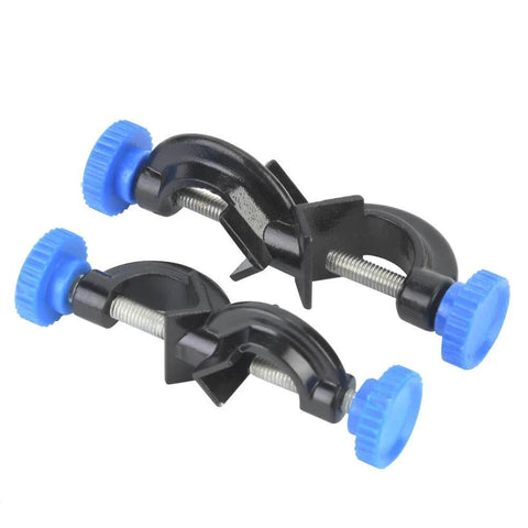 Pair of Aluminum Cross Clamps For Laboratory Supports 2 Pack Durable Metal Clips with blue knobs for lab, school, and home use