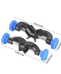 Aluminum Cross Clamps For Laboratory Supports 2 Pack Durable Metal Clips with blue knobs, dimensions shown, for lab school and home use.