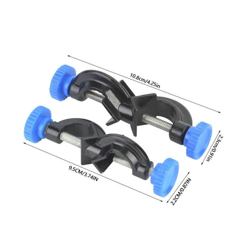 Aluminum Cross Clamps For Laboratory Supports 2 Pack Durable Metal Clips with blue knobs, dimensions shown, for lab school and home use.