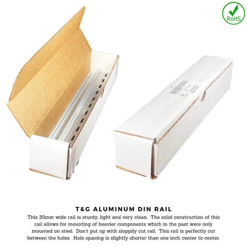 Effortlessly link modules on standard DIN rails with this 12 inch slotted aluminum connector kit, showing box packaging.