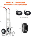 Aluminum Hand Truck Dolly Cart with 10" Pneumatic Tire, 600 LBS Capacity, including dimensions and elastic cords, for transport use.