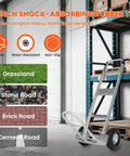 Aluminum Hand Truck Dolly Cart with 10" Pneumatic Tire, ideal for warehouse use, shown with tires suitable for grassland and stone roads