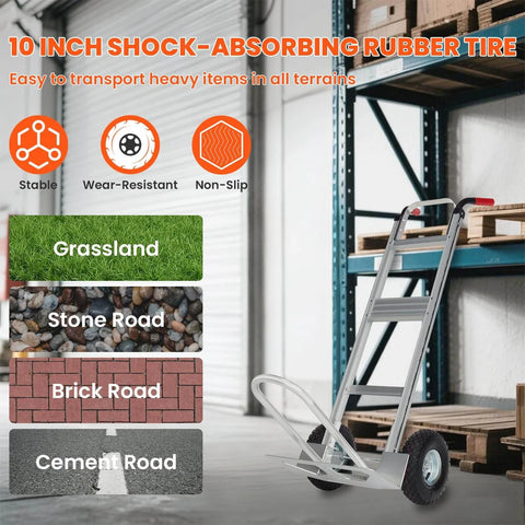 Aluminum Hand Truck Dolly Cart with 10" Pneumatic Tire, ideal for warehouse use, shown with tires suitable for grassland and stone roads