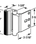 Door Reinforcement Lock Heavy Duty Aluminum Security Device For Exterior Doors With 800 Pound Force Rating Satin Nickel Finish And 3 Inch Screws, Adds Extra Barrier Against Break-Ins And Unauthorized Entry For Swing-In Doors, diagram showing dimensions.