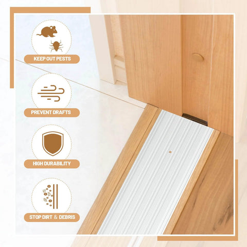 2 Pcs 6" X 1/4" X 36" Door Saddle Threshold for Doorway Interior with icons for pest and draft prevention, durability, silver color