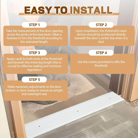 Installation guide for 2 Pcs 6" X 1/4" X 36" Door Saddle Threshold for Doorway Interior, showing step-by-step process.